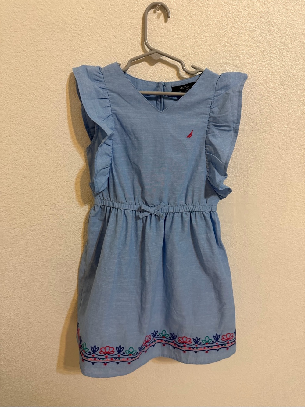 Nautica Sky Blue Ruffle Sleeve Embroidered Hem kids Dress
